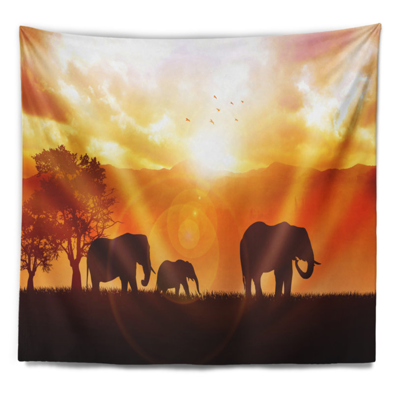Tapisserie «Éléphants marchant au coucher du soleil», H 68 po x l 80 po
