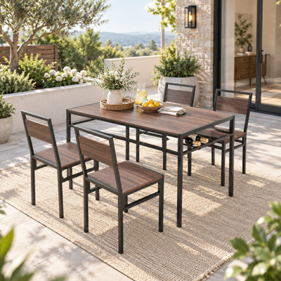 Ensemble de salle à manger rectangulaire 4 pièces, table de style industriel en bois avec casier à vin intégré