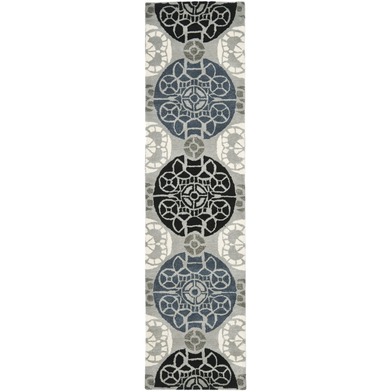 Eaton Wyndham Hand Tufted Wool/Viscose Damask Rug in Blue/Gray/Black, Runner 2'3" x 7'