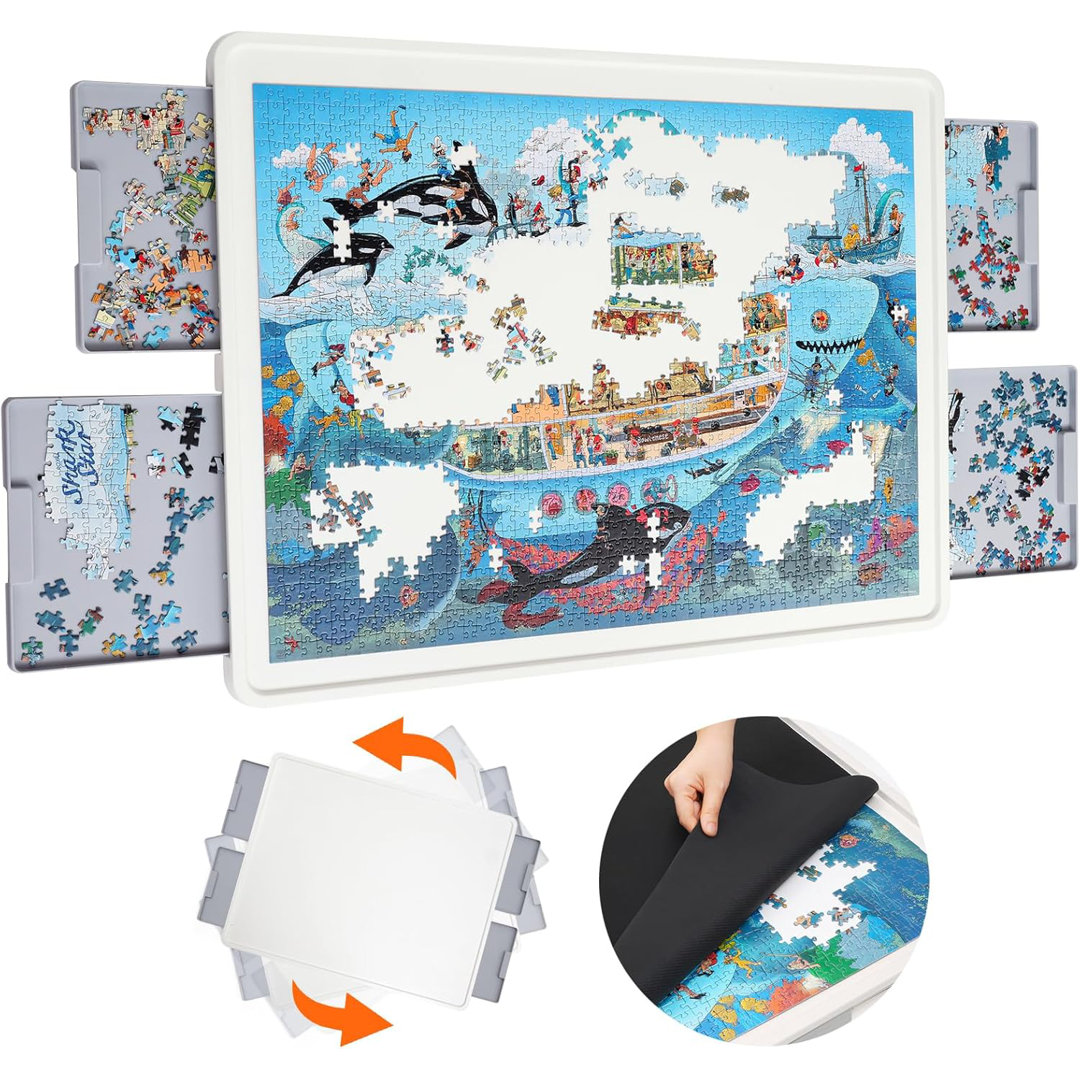1500 PCS Rotating Puzzle Board with Drawers and Cover, 35"x27" Portable Jigsaw Puzzle Table Playboda