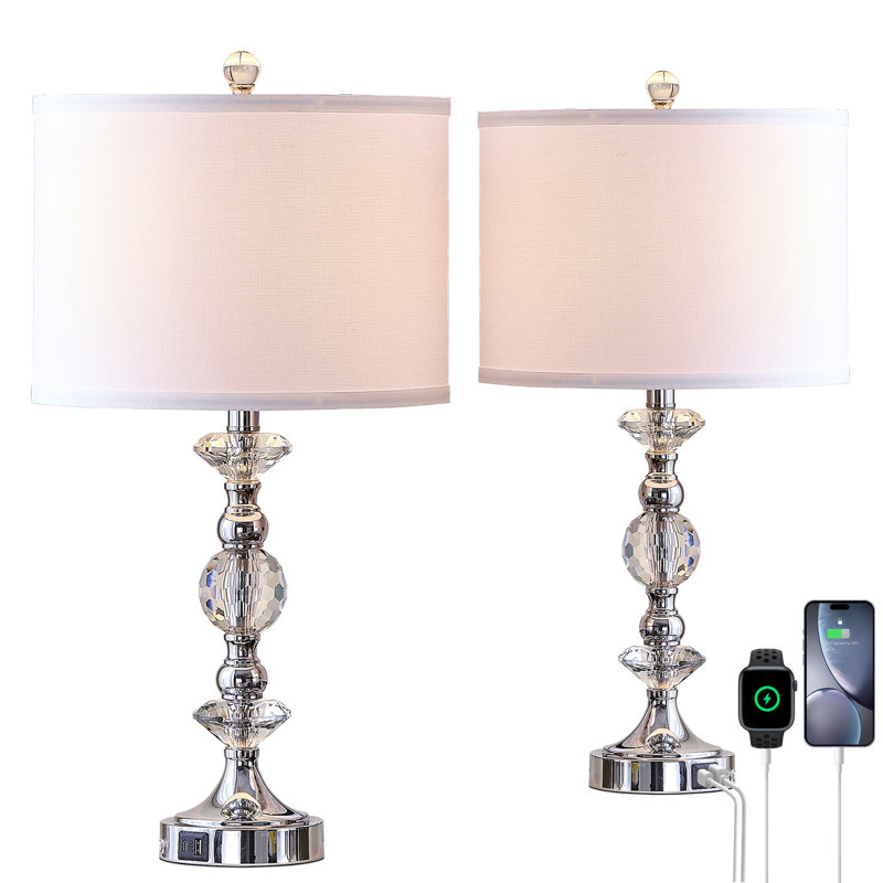 Lampe de table en cristal 25,5 po Morkus avec lumière à 3 intensités et ports USB Type-C, Nickel poli