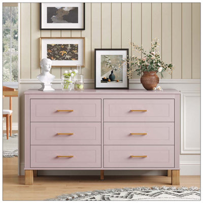 Commode double 6 tiroirs, armoire de rangement moderne avec poignées en métal et pieds en bois massif