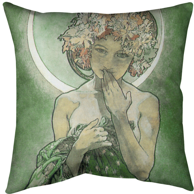 Coussin décoratif étoile alphonse mucha moon star, 14 po x 14 po, Vert, Faux lin