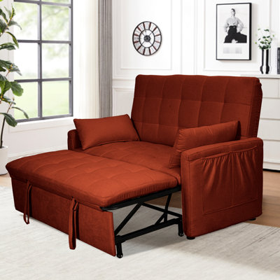 Canapé-lit de 61 pouces pour chambre à coucher, appartement, dortoir, structure en fer renforcé, rangement latéral, réglable, lin rouge et toile de jute lit 2 en 1 avec structure, rangement des deux côtés,