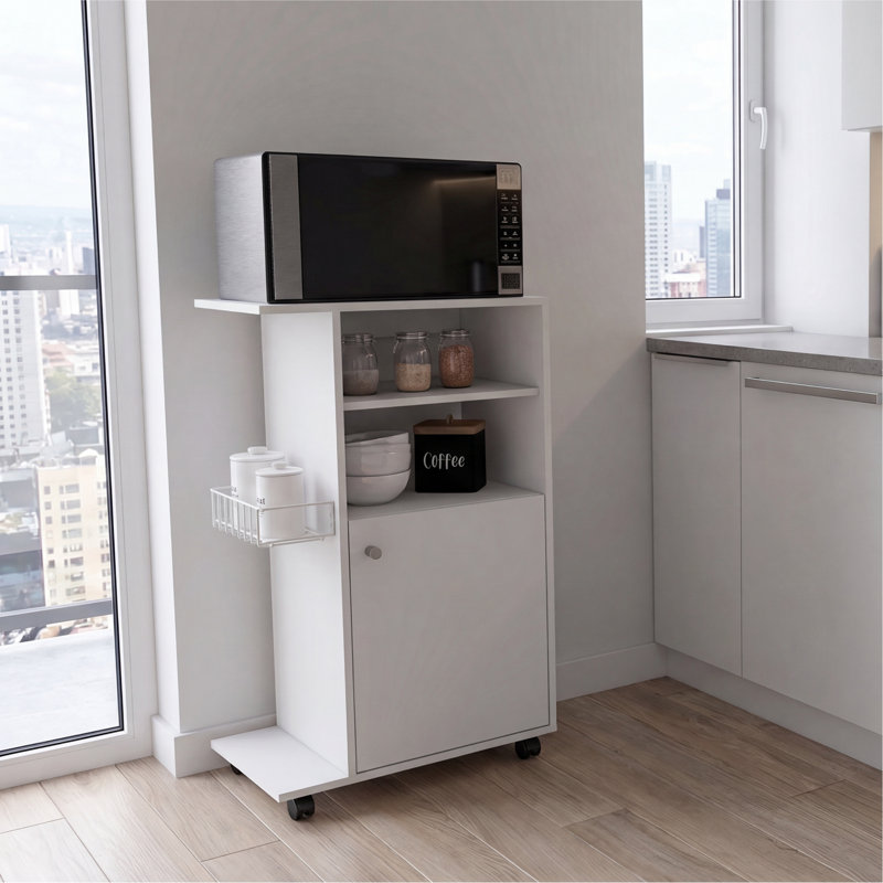 Clip Rolling Kitchen Cart with Microwave Countertop Space, Single Door Storage Cabinet and 2 Open Shelves, White