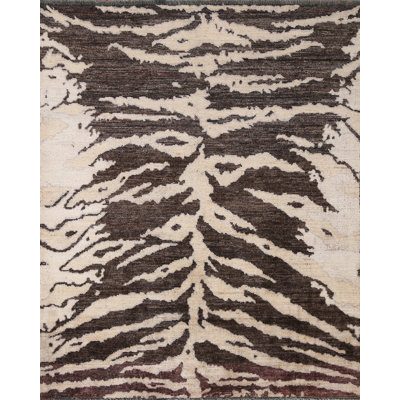 Tapis brun en laine noué à la main de conception unique 3 pi 11 po x 4 pi 10 po New Age