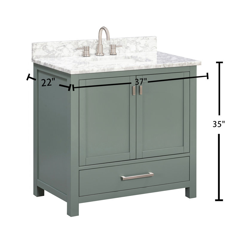 Modero 36" Single Bathroom Vanity with Top, Carrera White Marble, Brushed Nickel, Smoke Green
