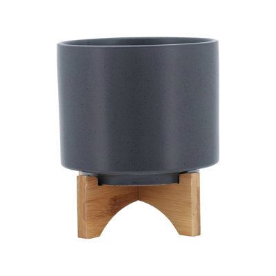 Planter W/ Wood Stand, Matte Gray