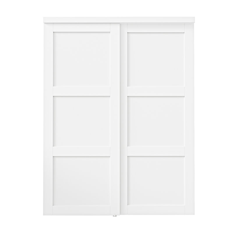 Portes coulissantes 60 po x 80 po en bois manufacturé blanc et massif avec trousse de quincaillerie d'installation et poignée