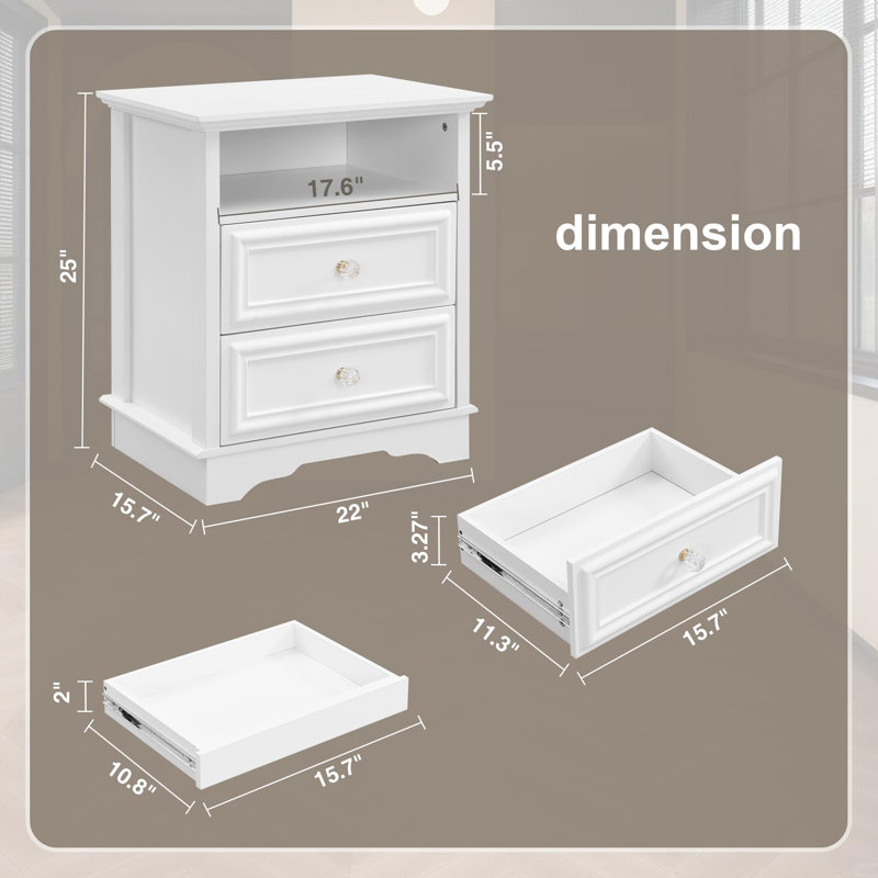 Classic Vintage 2 Drawer Nightstand, White