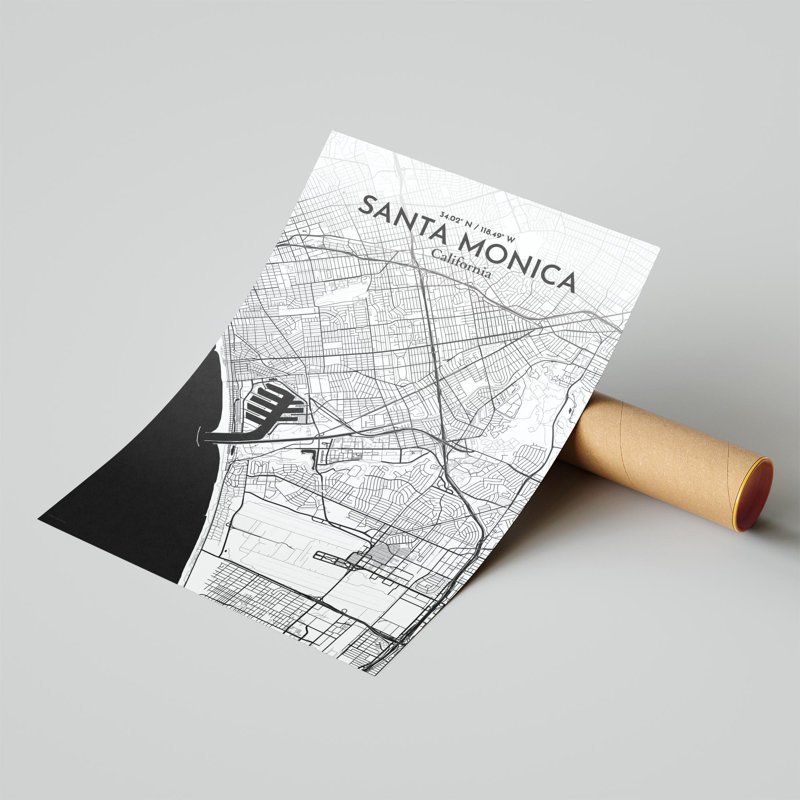 Santa Monica, carte de la ville, impression, H 17 po x l 11 po, Noir et blanc