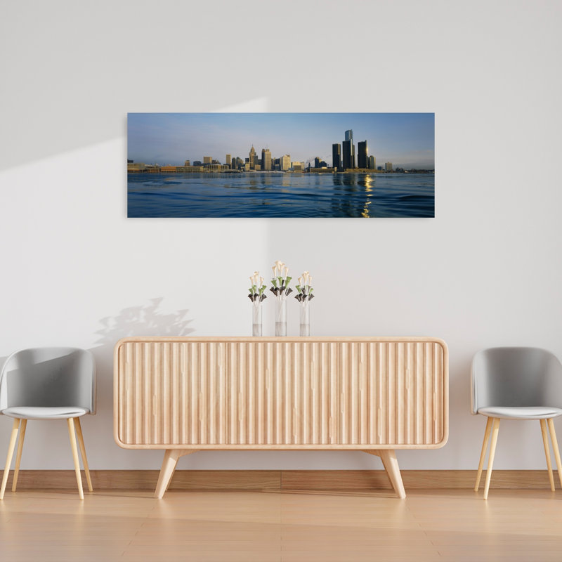 Buildings at the waterfront Detroit Michigan USA 1 Piece Wrapped Canvas Panoramic Wall Art, 40.64 cm H x 121.92 cm W