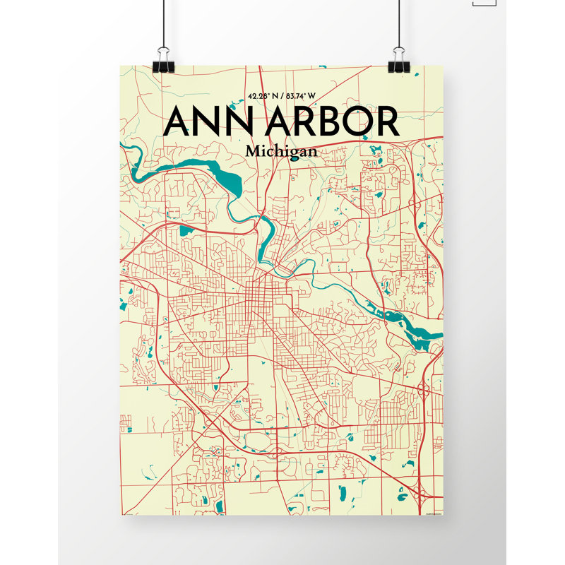 Ann Arbor City Map, reproduction d'impression sur affiche en beige, H 20 po x l 16 po
