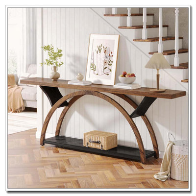 Rustic Two-Tier Console Table with Half Moon Frame Storage Shelf