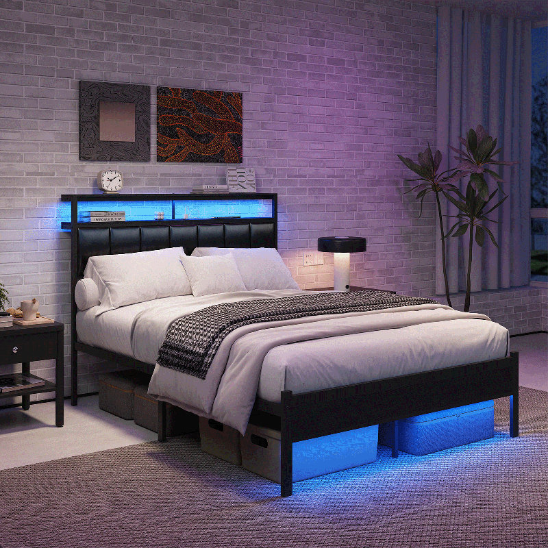 Full Size Bed Frame with Charging Station and LED Lights, Black Upholstered Headboard with 2-Tier Storage Shelves, Metal Bed Frame with Headboard, No Box Spring Needed, Easy Assembly,Black