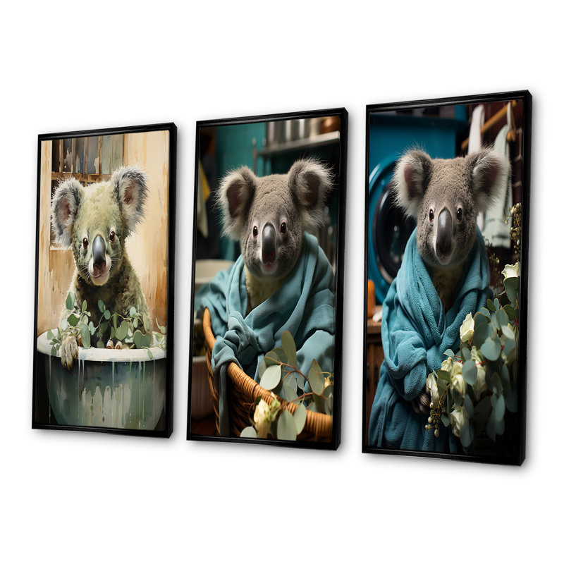 Koalas Laundry Time - Ensemble de 3 reproductions d'art sur toile, H 28 po x l 36 po, Cadre flottant noir