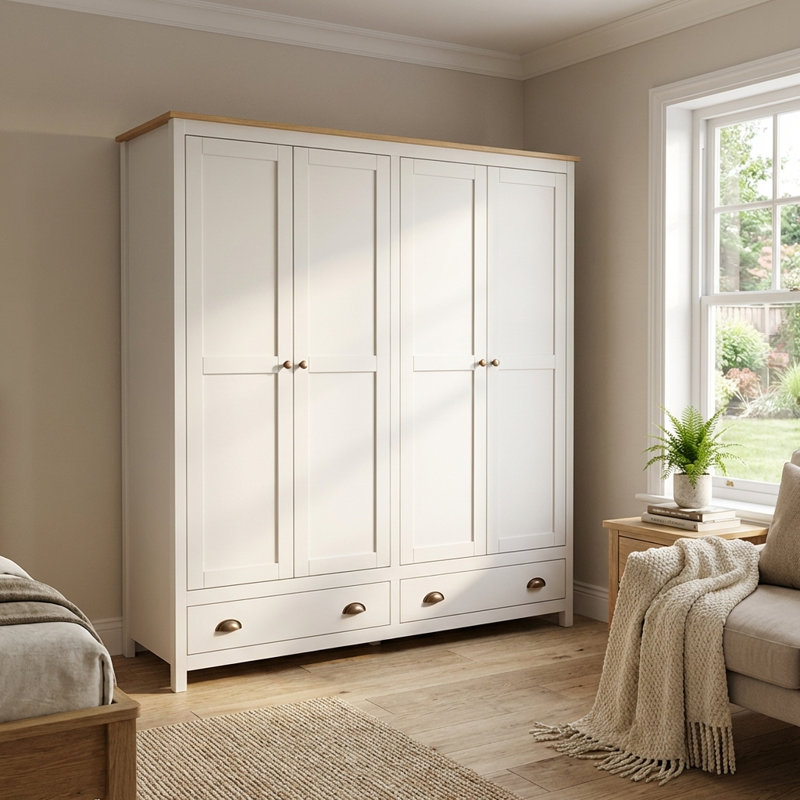 Armoire blanche en bois massif 69,3 po 4D2S Topazio, Blanc / Naturel
