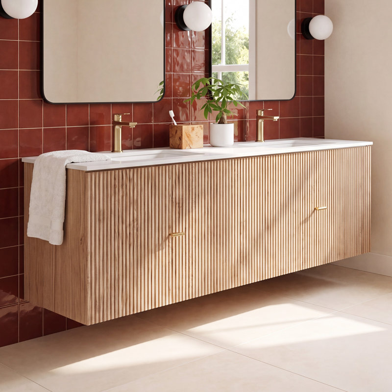 Ula 60" Natural Oak With White Countertop, White, Natural Oak