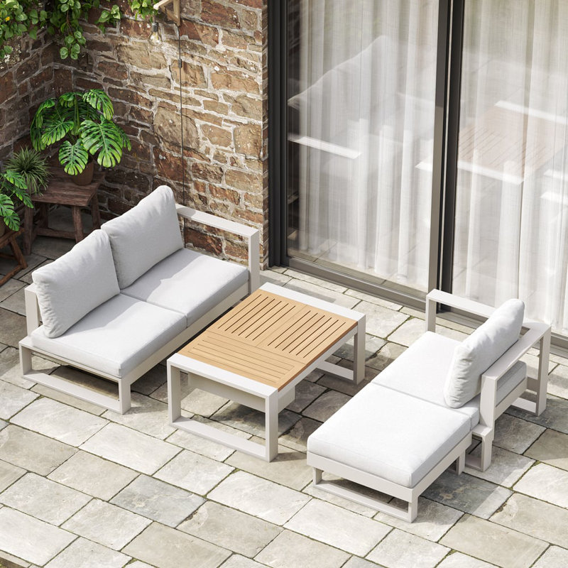 4-Pieces Modular Outdoor Sofa Set Aluminum & Acacia Patio Conversation Set With Height-Adjustable Coffee Table For 4 Person
