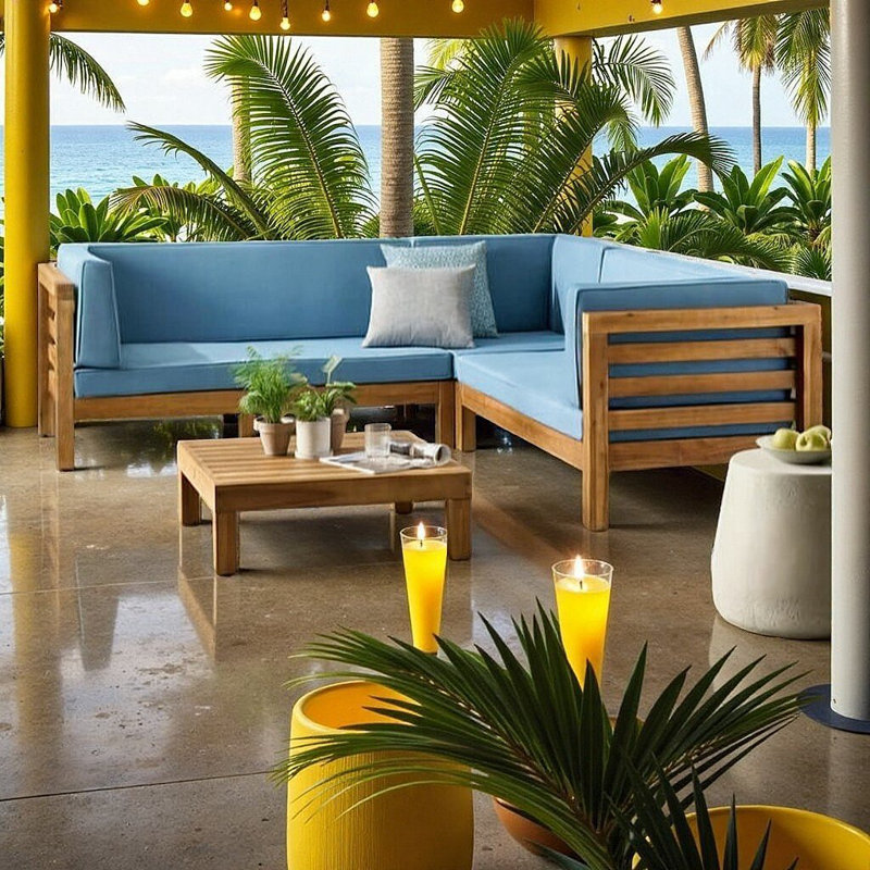 Ensemble de canapé modulaire d'extérieur en bois d'acacia | Siège avec coussins résistant aux intempéries | Mobilier de patio moderne