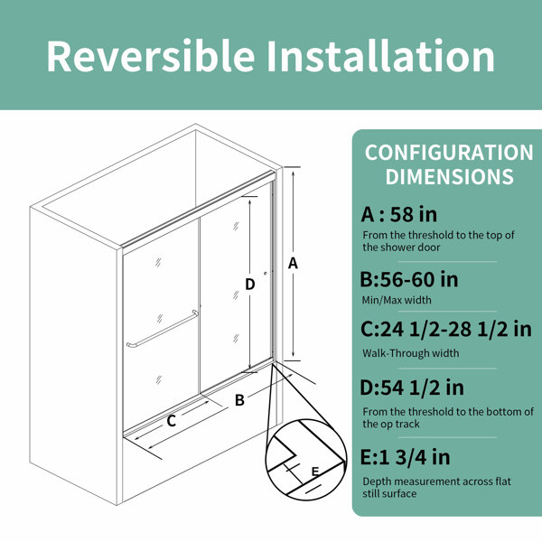 ExBrite 56 quot 60 quot W x 58 quot H Double Sliding Semi Frameless Tub Door with