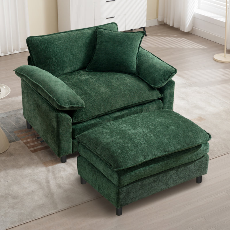 Fauteuil d'appoint surdimensionné en chenille avec repose-pieds, Chenille verte