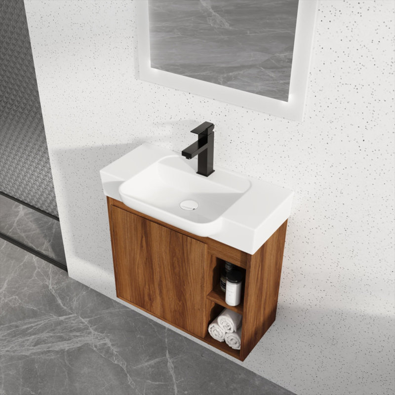 Meuble-lavabo mural de 24 po avec lavabo en céramique blanche durable et porte à fermeture en douceur, parfait pour les salles de bain modernes.
