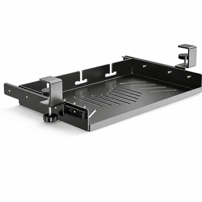 Tiroir de rangement sous bureau à fixation par pince avec rails coulissants, plateau de rangement métallique sans perçage avec gestion des câbles, organisateur robuste à pince en C pour ordinateur portable, tablette, chargeurs et accessoires