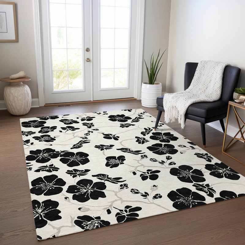 Ivory and Black Floral Synthetic Washable Rectangular Rug