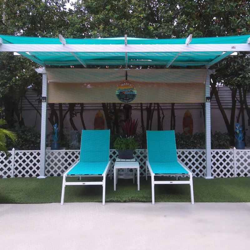 Outdoor Rust-Resistant Metal Chaise Lounge with Table, White Frame/Blue Cushion