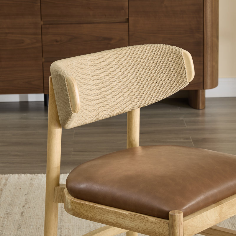Organic Modern Solid Wood Dining Chair with Woven Paper Cord Back, Saddle Brown Faux Leather