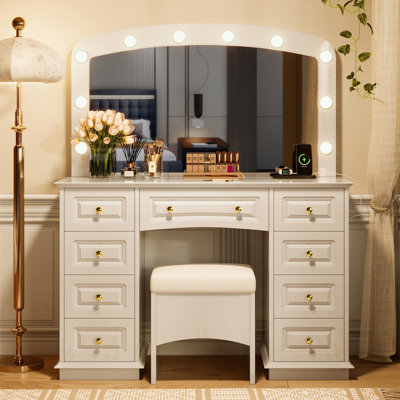 Coiffeuse de maquillage avec miroir d'éclairage 3 couleurs, tabouret rembourré et 9 tiroirs de rangement