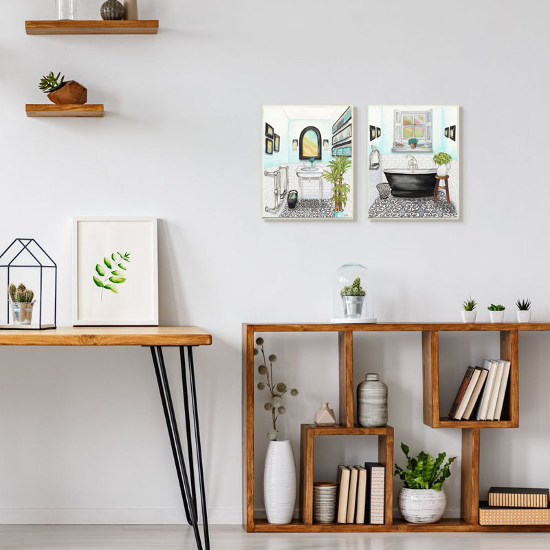 «Cute Bathroom Watercolor Painting», ensemble de 2 impressions sur toile, H 16 po x l 20 po x P 1,5 po, Toile tendue