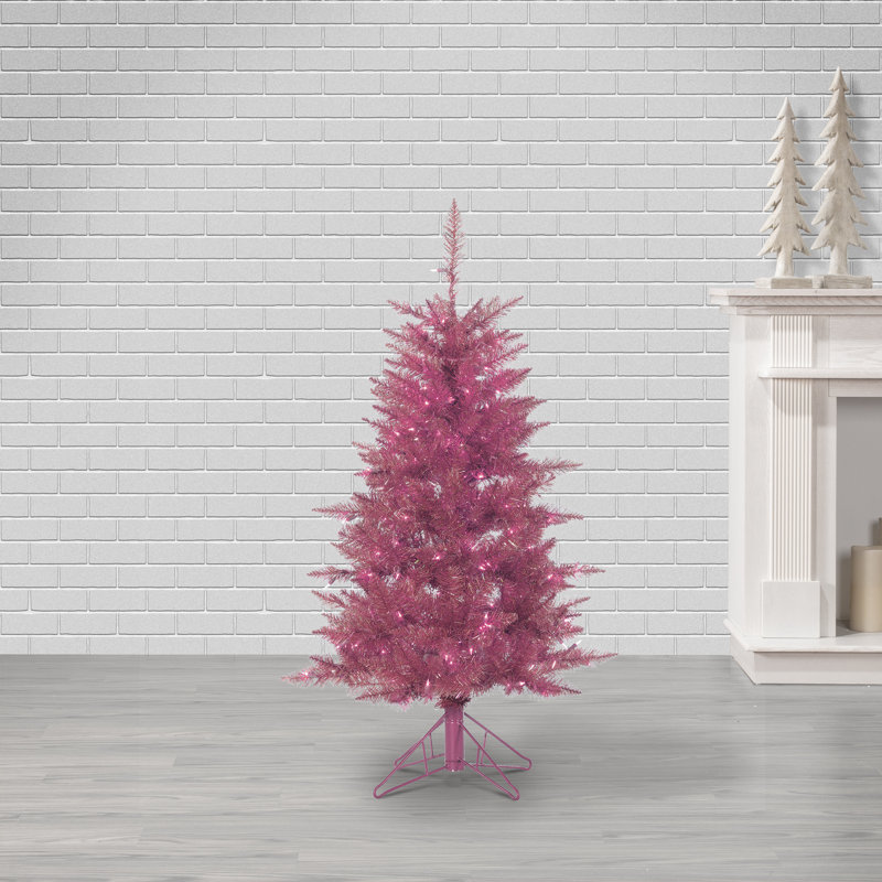 7.5' Pre-Lit Pink Artificial Pine Christmas Tree, 48" H x 28" W x 28" D