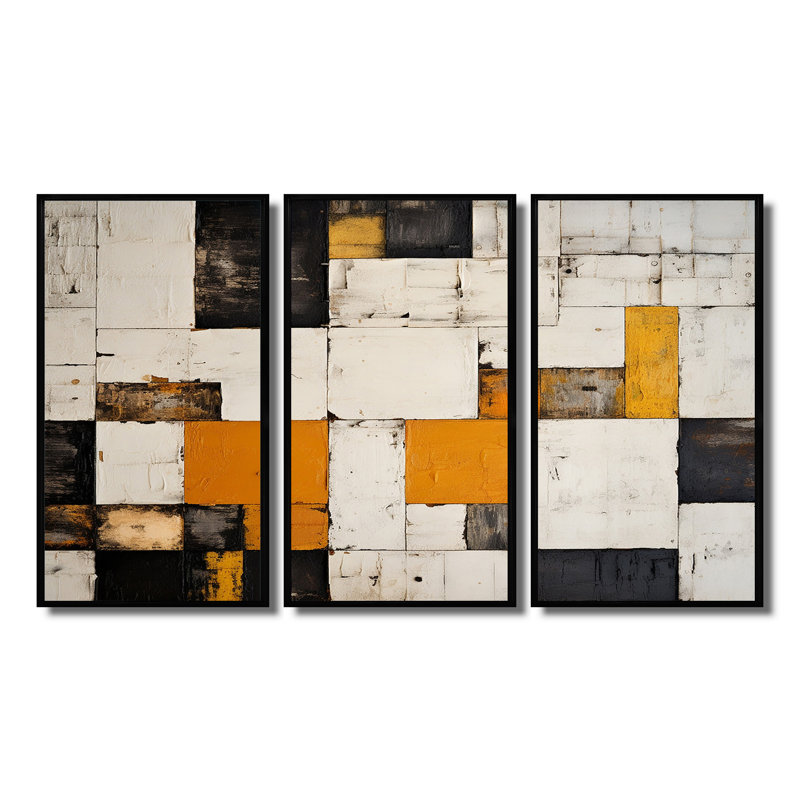 «Cubist Retro Patchwork», ensemble d'art mural abstrait, Cadre flottant noir, H 40 po x l 60 po x P 1 po