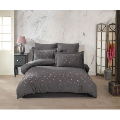 Ensemble de housse de couette double en popeline brodée Elegant, 100% coton, gris | Housse de couette 78,7 po x 86,6 po | Drap plat 94,5 po x 102,4 po | 2 taies d'oreiller standard 19,7 po x 27,6 po | Lavable à la machine, fermeture à boutons, doux et durable