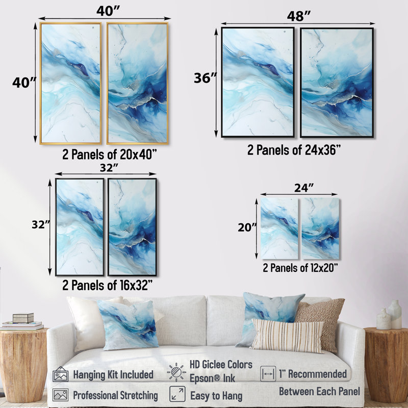 Art liquide blanc et bleu Glacier Charm - grandes formes abstraites, art mural, 20" H x 24" W, Impression encadrée flottante