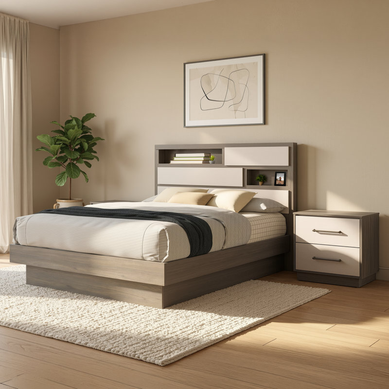Ensemble de chambre à coucher Helvey, 5 Pcs: Bed, Nightstand, Dressers, Mirror, Grand lit