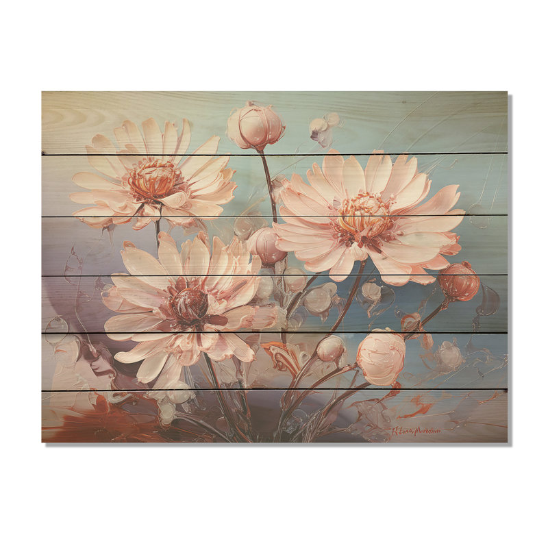 «Pink Mums», art liquide, champ de fleurs, art mural en bois sur bois de pin naturel, H 30 po x l 40 po