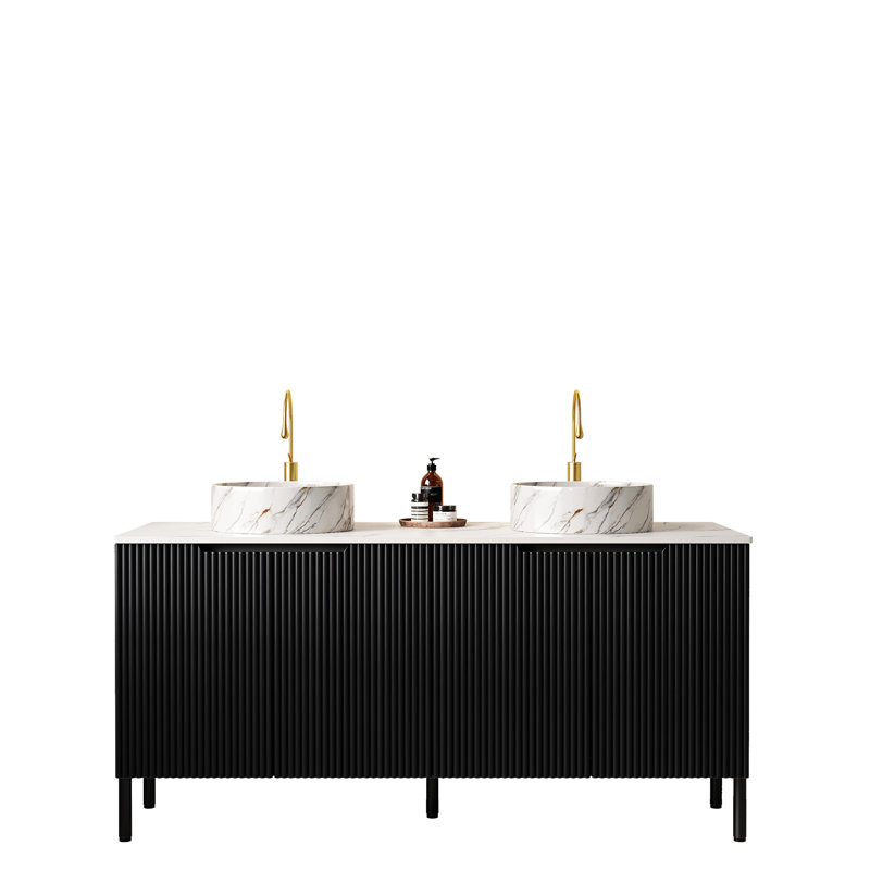 Meuble-lavabo autoportant noir 60 po avec pierre ronde blanche - lavabos en céramique, comptoir fritté, panneau de particules en bois massif, portes et meuble-lavabo scandinave moderne à fermeture silencieuse, 2 armoires