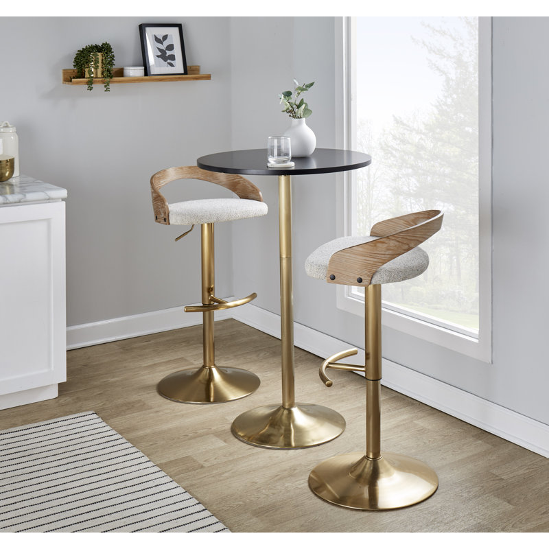 Tabouret de bar réglable Laurenzio avec repose-pieds arrondi en T, Doré, Tissu avoine / bois blanc délavé