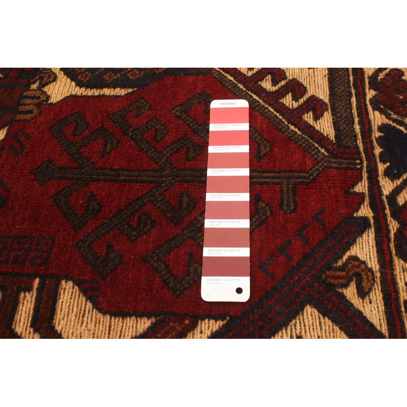 Tapis décoratif en laine noué à la main de conception unique 4 pi x 6 pi 1 po « New Age » en laine rouge foncé/beige