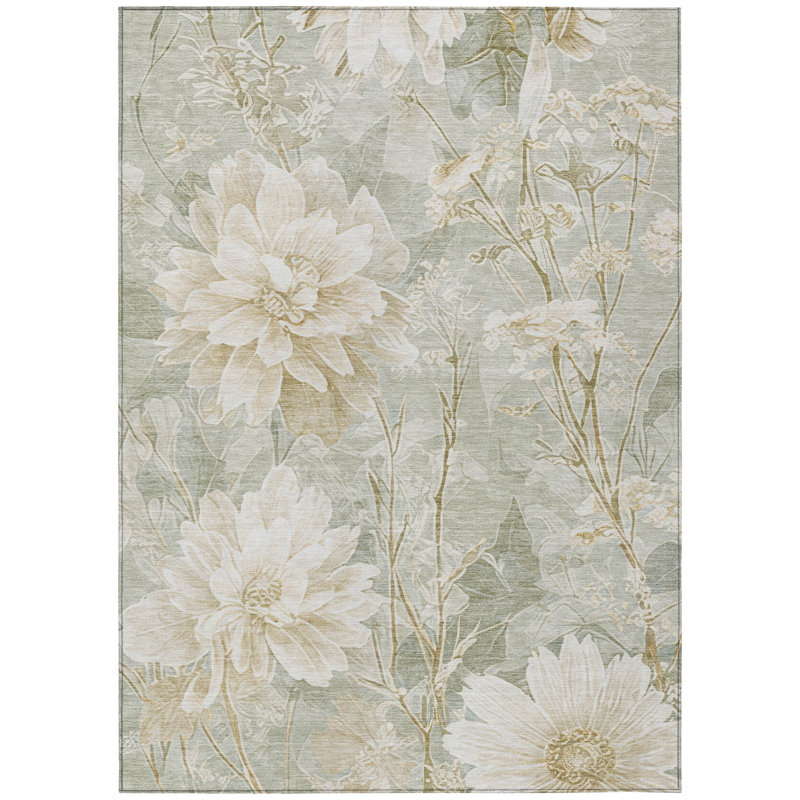 Machine Washable Indoor/Outdoor Chantille ACN2882 Floral Rug, Mint, 9' x 12'