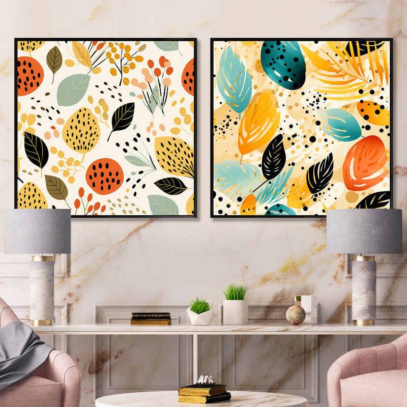 Mendham - Ensemble de 2 collages carrés floraux, Cadre flottant noir, H 16 po x l 33 po