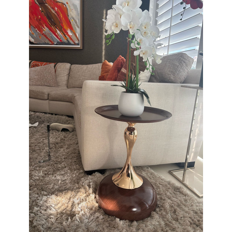 Modern Metal Round Tray Side Table With Pedestal Base, Walnut Brown Wood