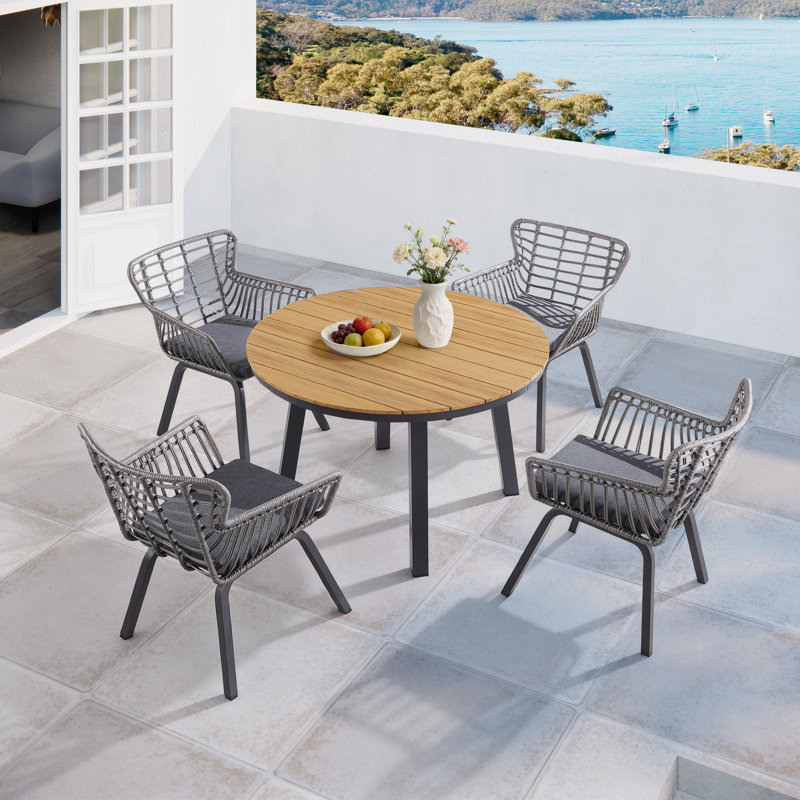 Bartha 5-Piece 45" Teak-Look Round Patio Dining Set with Wicker Chairs