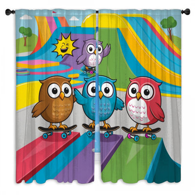 Colorful Skateboarding Owls Window Curtains Owls  & Room Darkening - 2 Panels