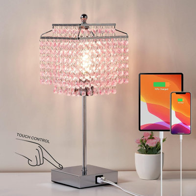 Deyontae Crystal Touch Table Lamp with USB C+A Ports, 3 Way Dimmable Lamp with Crystal Shade
