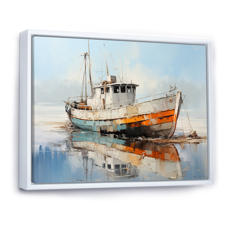 Bateau de pêche au port III - art mural bateau côtier, H 30 po x l 40 po x P 1,5 po, Cadre flottant blanc