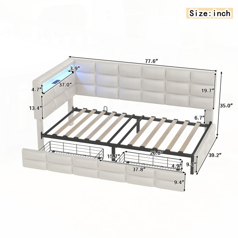 Upholstered Daybed with Dual Storage Drawers and Storage Headboard, Beige